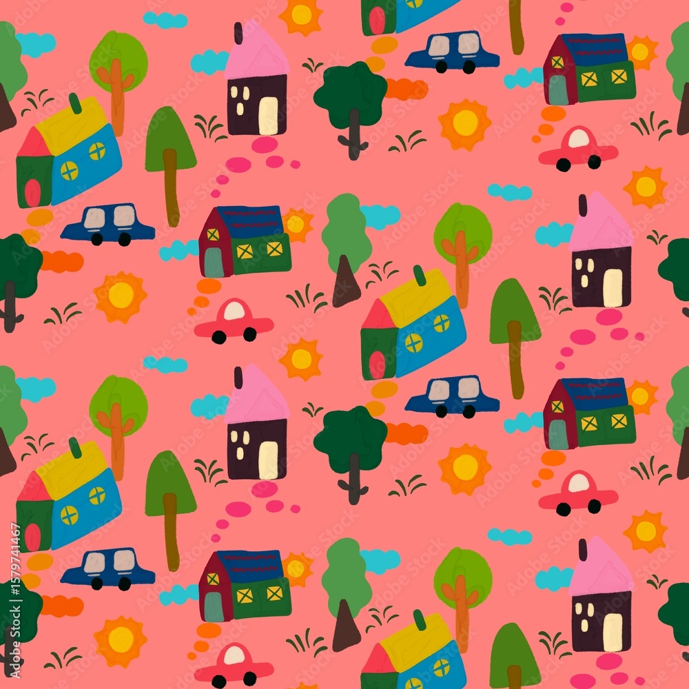 Fototapeta premium Whimsical Kids Town Seamless Pattern on Bright Backgrounds