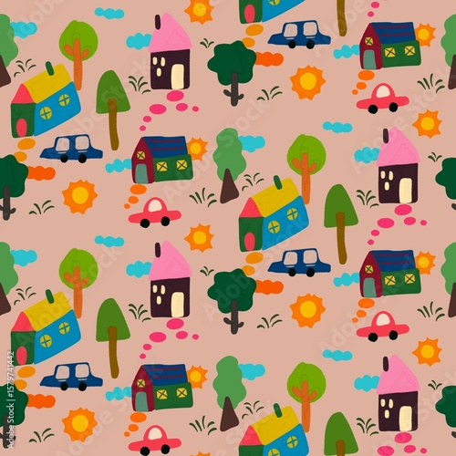 Childlike Village Illustration - Cute Homes and Nature Pattern