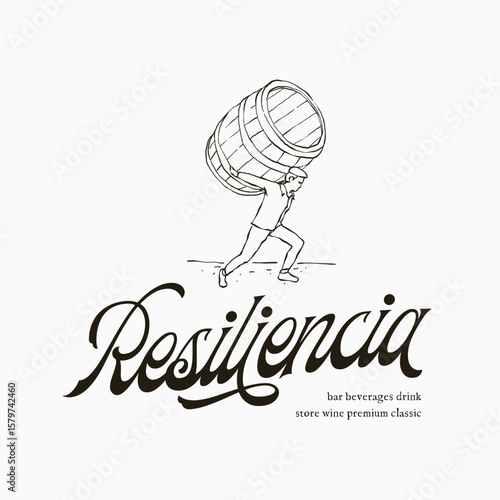 Vintage illustration of man person carrying one big beverages wooden barrel on his back resiliently, retro classic hand drawn logo for beer pub bar business 