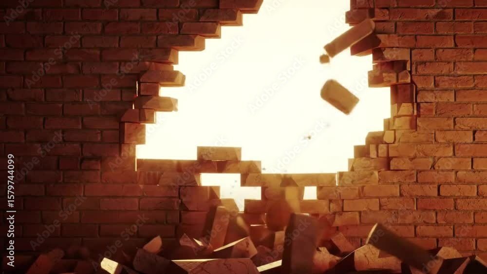 3D animation of a wall breaking apart with high-detail debris and realistic physics. Cracks spread before chunks explode outward in slow motion or high-impact style. Perfect for action sequences, cine