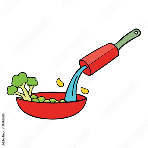 Pouring fresh, colorful vegetables into a bright red frying pan, ready to sizzle and stir-fry into a delicious, healthy meal bursting with vibrant flavors.
