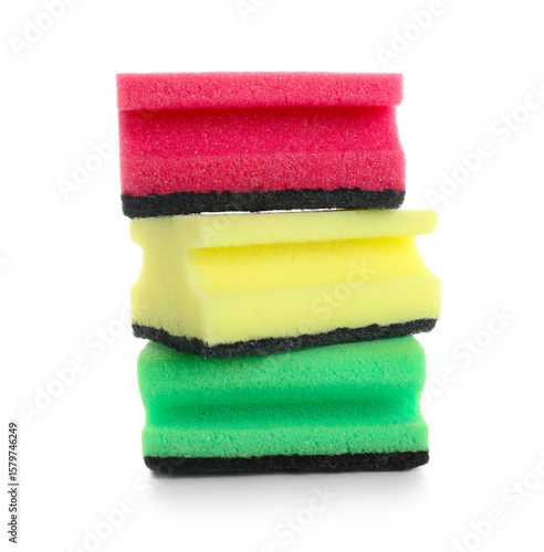 Stack of sponges for cleaning on white background