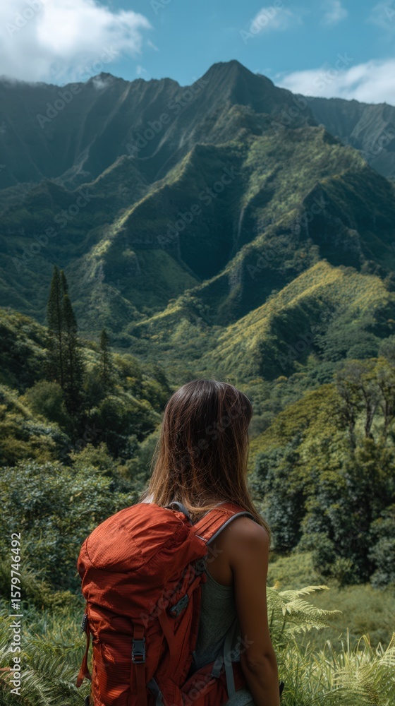 Naklejka premium A woman with a backpack stands among tropical plants, gazing at dramatic green mountain peaks under a moody, cloud-covered sky.
