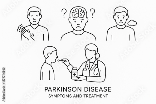 Parkinson Disease Symptoms and Treatment Line Icon Set – Minimal Medical Vector with Motor, Cognitive, Emotional and Therapy Elements