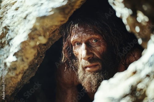 Bearded prehistoric man wearing animal skins emerges from a cave with a wooden spear, surrounded by rocky terrain and sunlight.