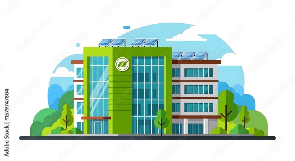Fototapeta premium Modern, eco-friendly office building with solar panels, situated in a landscaped environment.