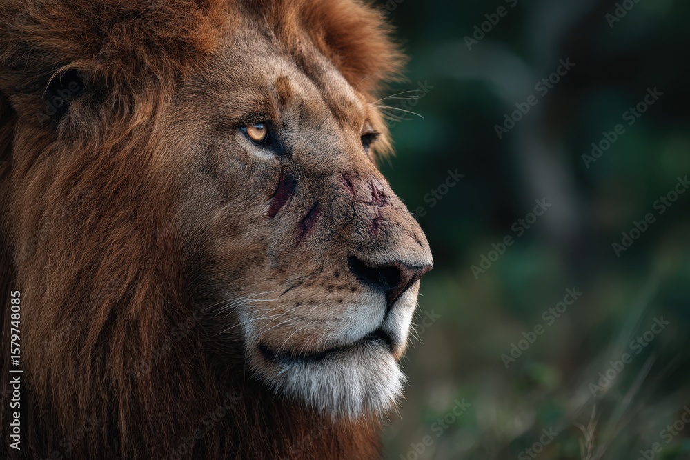 Fototapeta premium An aging male lion with visible facial scars gazes into the distance, symbolizing strength, survival, and the harsh reality of nature.