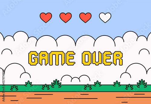 Cartoon vector illustration of a classic "game over" screen featuring pixel-style yellow text and three hearts, two red and one white, over a colorful retro background