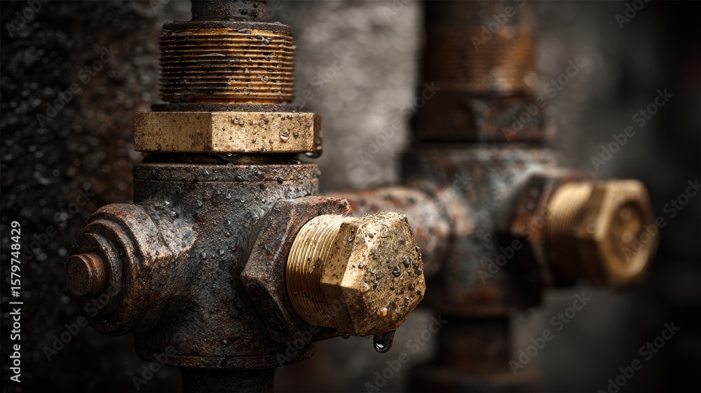 Industrial oil valve with brass fittings and weathered metal textures Industrial oil valve with brass fittings and weathered metal textures