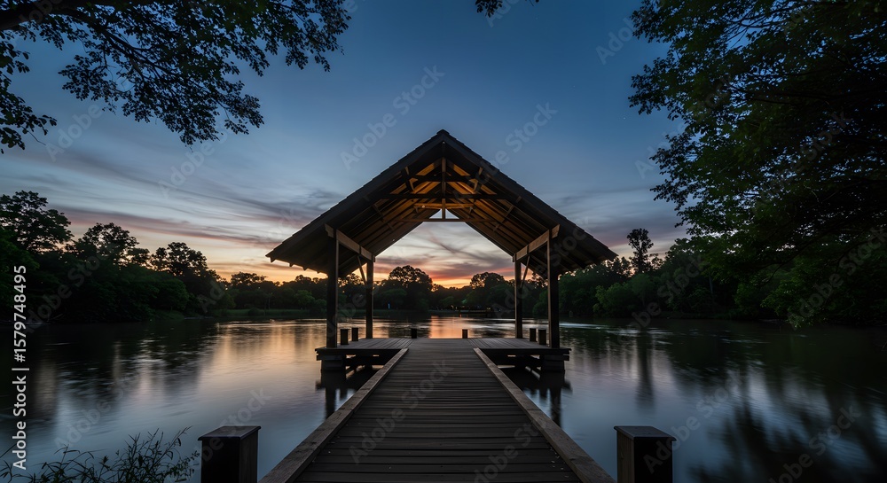 Fototapeta premium Serene Sunset at the Lakeside Pavilion