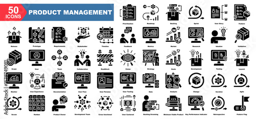 Product Management icon collection set.Prioritization,Roadmap,Backlog,Sprint,User Story,Feature,Release.Flat icon collection.