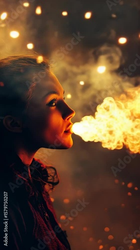 A woman with a fire in her mouth