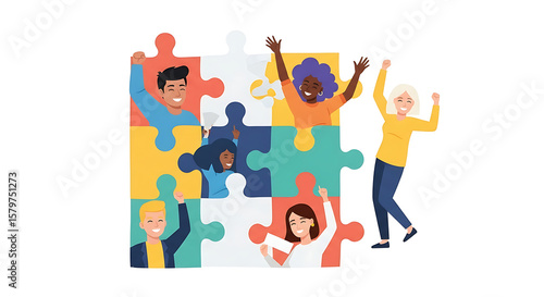 Diverse Team Celebrating Success with Colorful Puzzle Pieces and Cheerful Expressions.