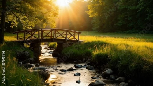 Wooden bridge over a stream in a forest at sunset with sun rays shining through the trees landscape video