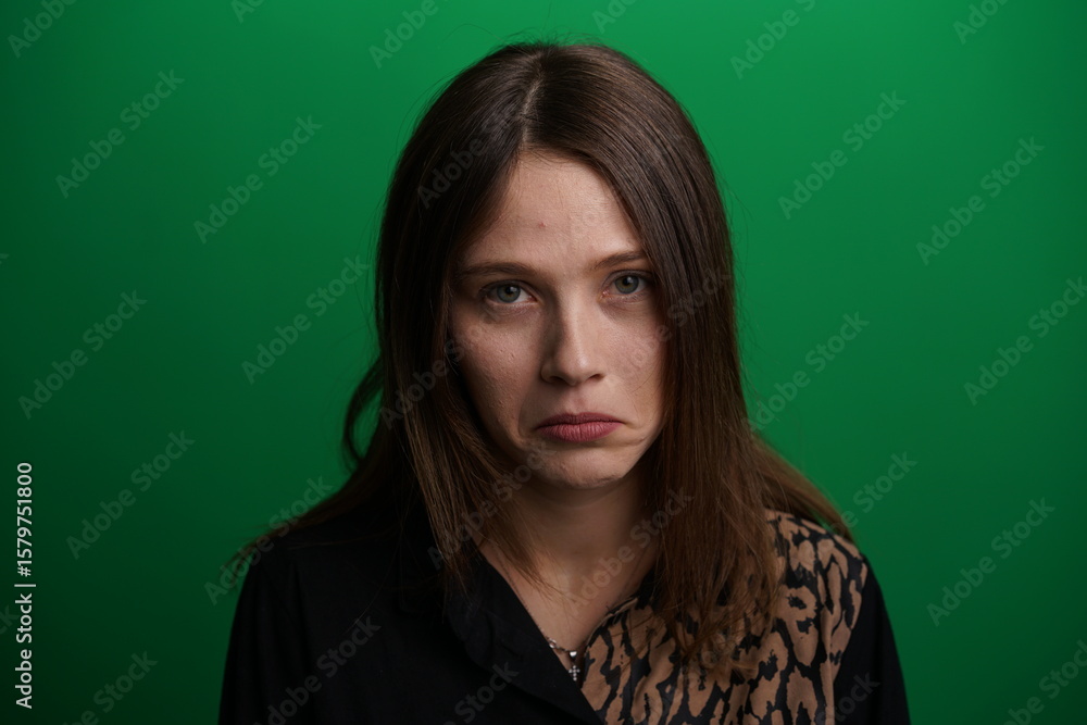 Obraz premium A young woman poses in a studio with a green background, showing natural emotions, full of expressions and dynamic movements. Unedited image