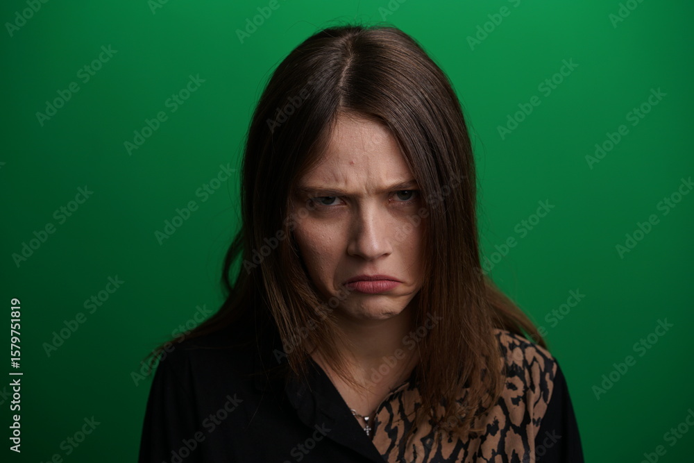 Fototapeta premium A young woman poses in a studio with a green background, showing natural emotions, full of expressions and dynamic movements. Unedited image