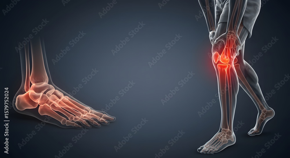 Obraz premium Illustration depicting foot and leg bones with highlighted red areas indicating pain or inflammation in the ankle and knee joints.