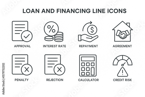 Loan and Financing Line Icon Set – Vector Illustration with Mortgage, Credit Score, Repayment, Approval and Interest Rate Symbols