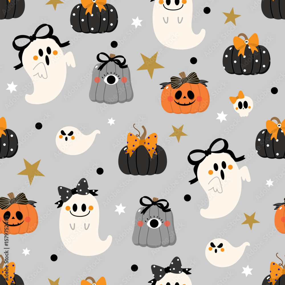 Fototapeta premium Happy halloween seamless pattern and background with spooky pumpkin, ghost, cute bow and ribbon. Holidays cartoon character. -Vector