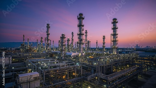 Wallpaper Mural Night View of Industrial Refinery Complex with Illuminated Towers and Pipelines under Twilight Sky Torontodigital.ca