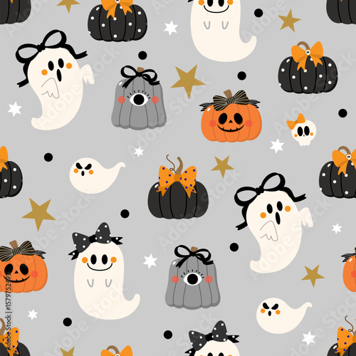 Happy halloween seamless pattern and background  with spooky pumpkin, ghost, cute bow and ribbon. Holidays cartoon character. -Vector
