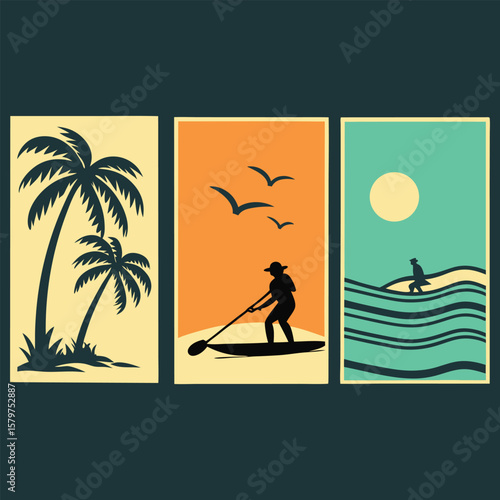 Tropical beach paddleboard and ocean waves palm trees