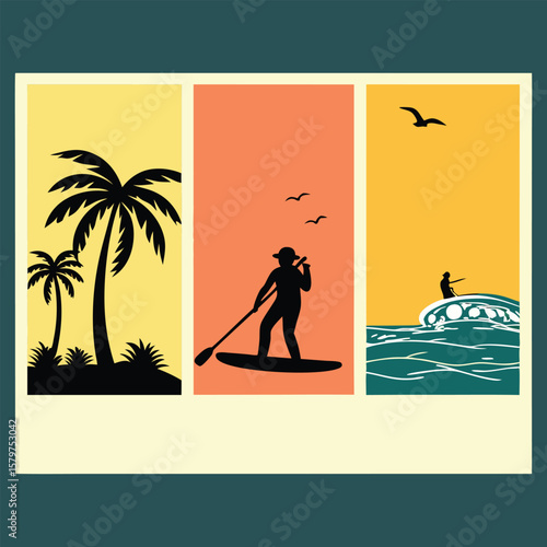 Tropical beach and ocean paddleboarding scenes palm trees