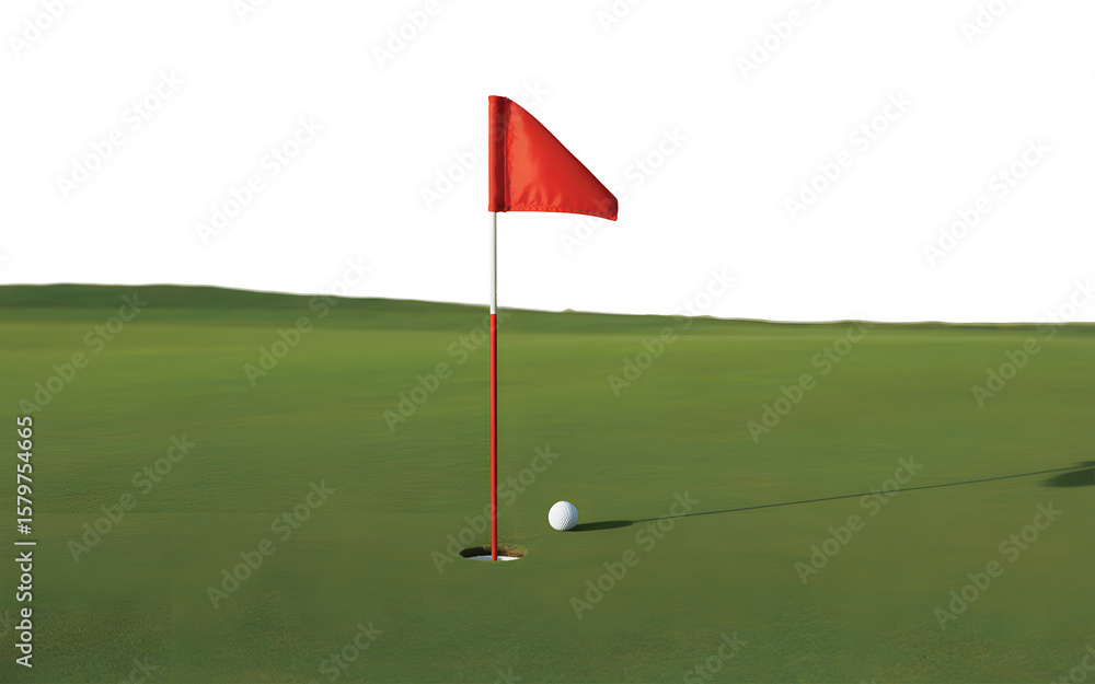Fototapeta premium Golf ball rests near the hole on a green golf course with red flag and transparent background.