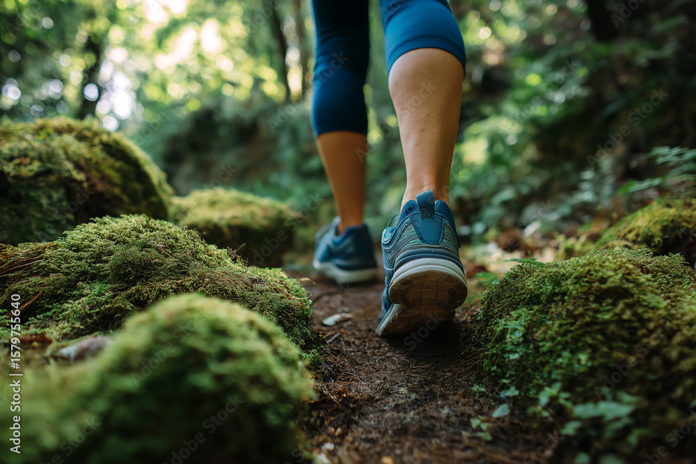A close-up of a woman's legs in hiking shoes walking a sunlit forest trail, weaving through mossy rocks in a lush green mountain, captured from behind in serene motion. A close-up of a woman's legs in hiking shoes walking a sunlit forest trail, weaving through mossy rocks in a lush green mountain, captured from behind in serene motion.