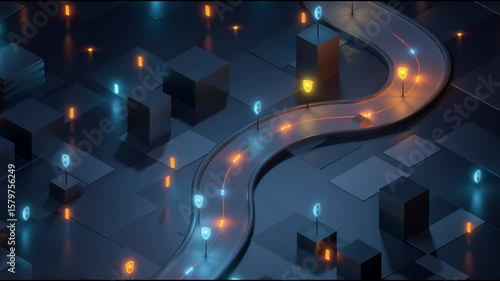Futuristic Digital City Network with Flowing Data and Connections