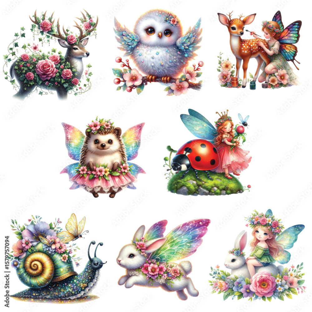 Naklejka premium Whimsical Enchanted Creatures A collection of fantastical forest animals and fairies