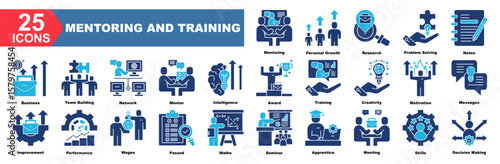 mentoring and training icon collection set.Mentoring,Personal Growth,Research,Problem Solving,Notes,Business,Team Building.Simple vector illustration.