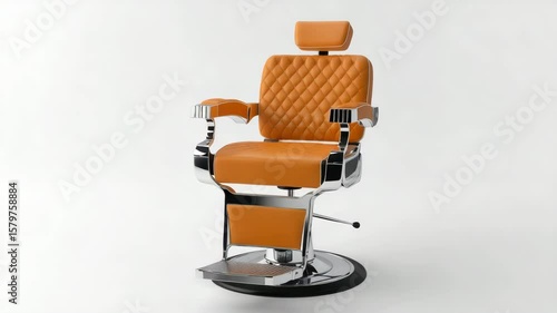 Modern barber chair with orange upholstery and chrome frame featuring quilted backrest adjustable headrest footrest armrest salon furniture barbershop equipment leather chair comfortable stylish