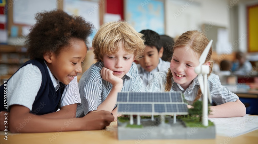 Four diverse children in a classroom excitedly explore a solar panel and wind turbine model demonstrating renewable energy concepts. Four diverse children in a classroom excitedly explore a solar panel and wind turbine model demonstrating renewable energy concepts.