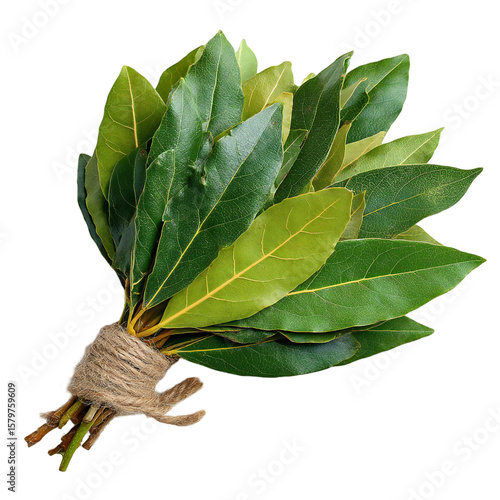 Fresh bay leaves tied with twine on a transparent background showcasing the aroma of culinary herbs, silhouette