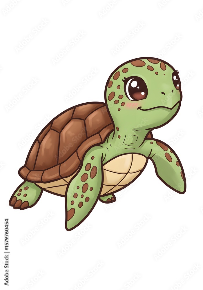 Fototapeta premium Cute Cartoon Sea Turtle Illustration - Kawaii Style