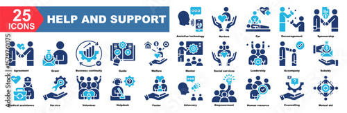 Help and Support icon collection set.Assistive technology,Nurture,Cpr,Encouragement,Sponsorship,Agreement,Grant.Simple vector illustration.