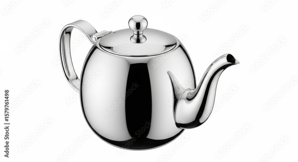 Obraz premium Polished stainless steel teapot with a classic round body and curved spout isolated on white background