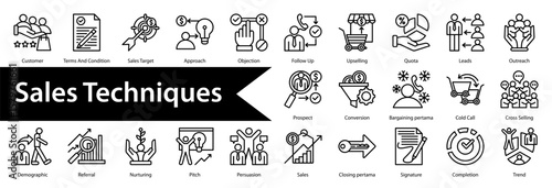 Sales Techniques Icon Collection and Set Containing: Customer,Terms And Condition,Sales Target,Approach,Objection,Follow Up,Participation,Upselling,Quota,Continuity,Result,Leads,Method,Handling
