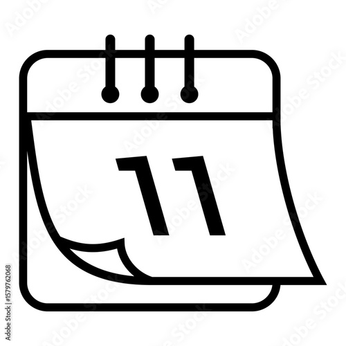 Simple black and white calendar icon featuring the number 11, with a curled bottom-left page corner, representing a specific day, appointment, or event. Design vector symbol illustration.