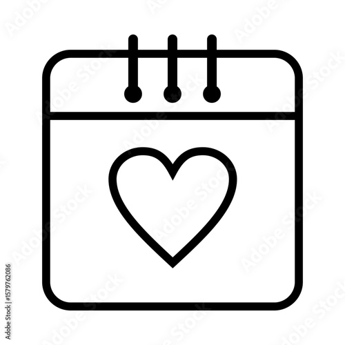 Black and white line icon of a heart symbol inside a calendar page, representing romantic date, anniversary, or special love event reminder. Design vector symbol illustration. 