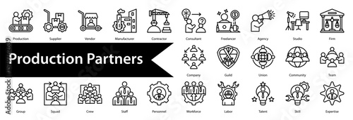 Production Partners Icon Collection and Set Containing: Bank,Investor,Lender,Venture,Capital,Fund,Credit,Mortgage,Loan,Debt,Bond,Stock,Share,Dividend,Insurance,Production,Supplier,Vendor,Manufacturer