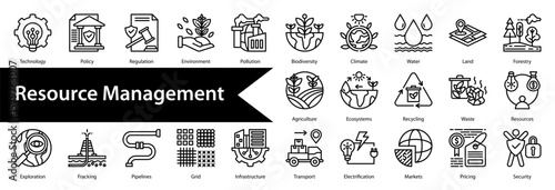 Resource Management Icon Collection and Set Containing: Renewable,Fossil,Solar,Wind,Hydro,Geothermal,Biomass,Nuclear,Efficiency,Sustainability,Conservation,Extraction,Mining,Petroleum,Gas,Coal
