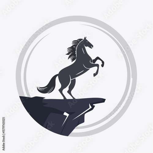 Flat vector illustration of a black silhouette horse rearing up on its hind legs at the edge of a cliff in a circle form. Clean lines and solid shapes in minimalist flat design style. 