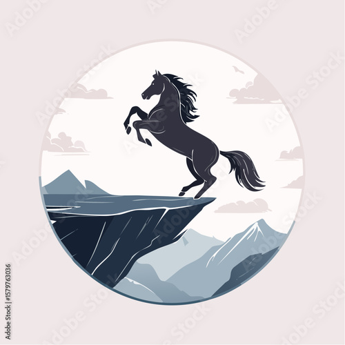 Flat vector illustration of a black silhouette horse rearing up on its hind legs at the edge of a cliff in a circle form. Clean lines and solid shapes in minimalist flat design style. 