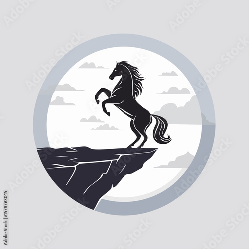 Flat vector illustration of a black silhouette horse rearing up on its hind legs at the edge of a cliff in a circle form. Clean lines and solid shapes in minimalist flat design style. 