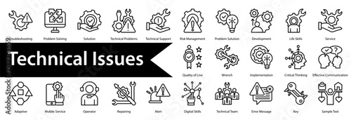 Technical Issues Icon Collection and Set Containing: Troubleshooting,Problem Solving,Solution,Technical Problems,Technical Support,Risk Management,Problem Solution,Development,Life Skills,Service