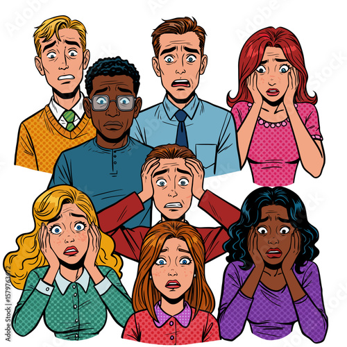 Group of diverse people expressing shock and concern in pop art style  