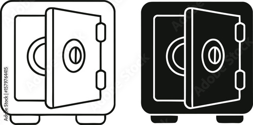 Two simple icons of an open safe one in outline and one in solid black