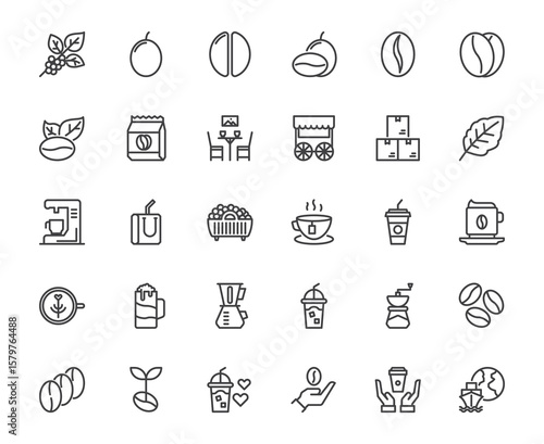 Simple vector coffee bean and coffee cup outline icon collection white isolate background, concept of food and drink restaurant 48x48 pixel perfect icon editable stroke for web, app, media design